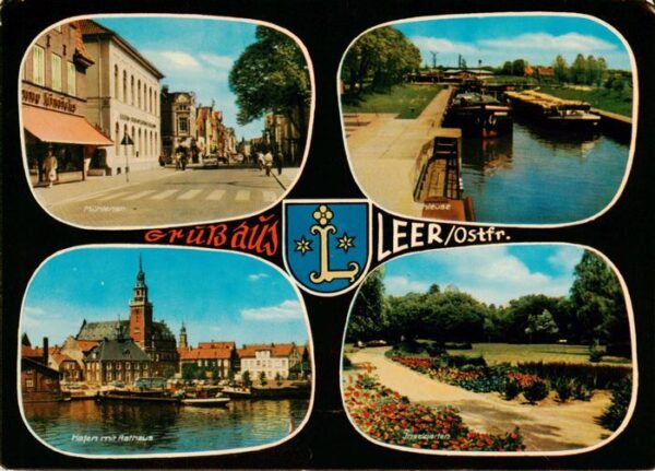 Leer Ostfriesland Muehlenstrasse Hafen mit Rathaus Schleuse Inselgarten