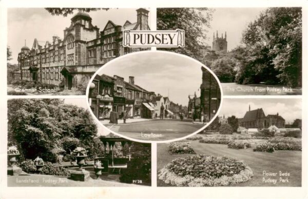 Pudsey Leeds UK Grammen School The Church from Pudsey Park Lowtown Flower Beds P
