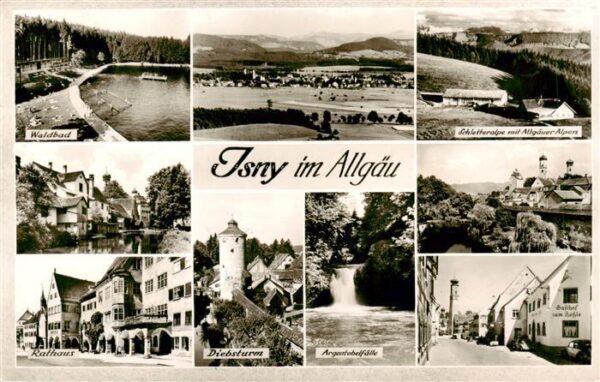 Isny Allgaeu Waldbad Panorama Schletteralpe mit Allgaeuer Alpen Rathaus Diebstur
