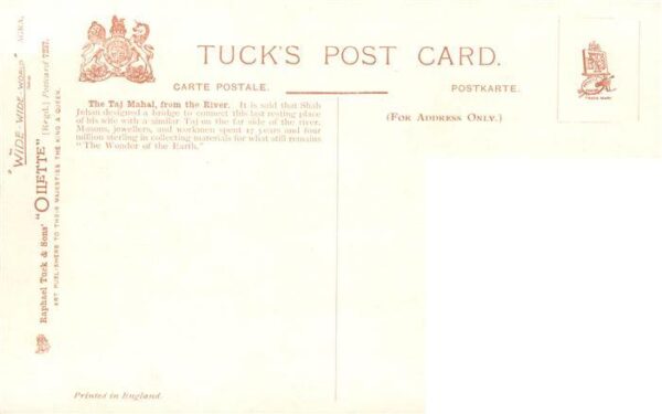 Verlag Tucks Oilette Serie Nr. Nr. 7237 The Taj Mahal From The River Agra – Bild 2