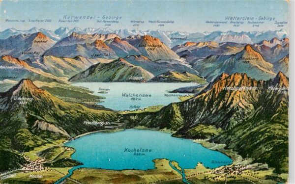 Kochel See Bayern Panoramakarte mit Kochel und Walchensee
