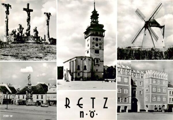 Retz Weinviertel AT Teilansichten Hauptplatz Kirche Windmuehle Jesus Kreuz