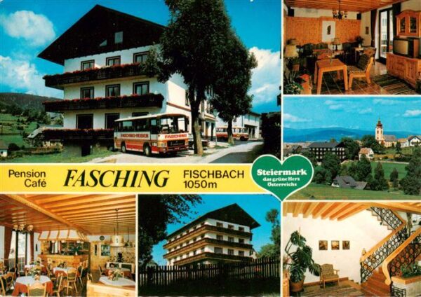 Fischbach Steiermark AT Pension Cafe Fasching Gastraeume Treppe Panorama