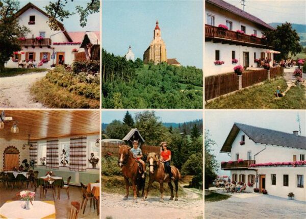 Poellauberg Steiermark AT Pension Waldhof Muhr Gastraum Kirche Reiten Terrasse