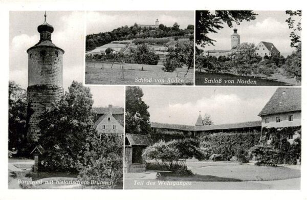 Pleinfeld Schloss Sandsee Burgfried mit Brunnen Teil des Wehrganges Schloss von