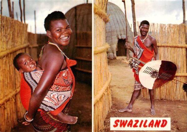Swaziland Swasiland A Swazi warrior complete with weapons and hide shield outsid