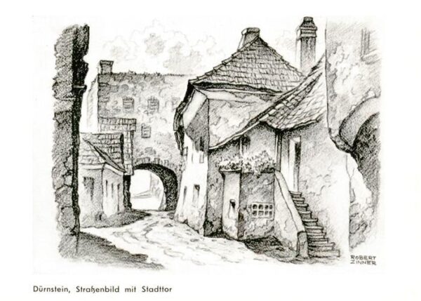 Duernstein Wachau AT Strassenbild mit Stadttor Zeichnung