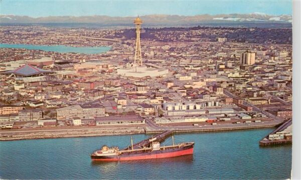 Seattle Washington USA The Space Needle dominates this spectacular aerial view o