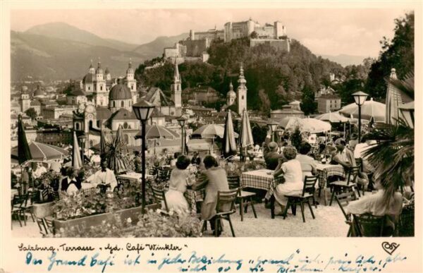 Salzburg  AT Terrasse Cafe Winkler Blick zur Festung