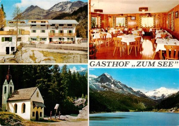 Martelltal Bolzano IT Gasthof zum See Gastraum Kapelle Seepartie