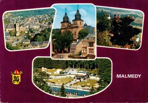 Malmedy Wallonie Stadtpanorama Kirche Felsen Freibad