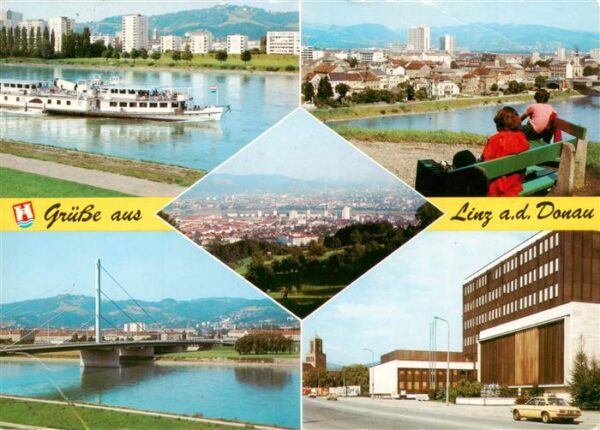 Linz Donau AT Donaudampfer Panorama Voest-Bruecke Brucknerkonservatorium mit Fri