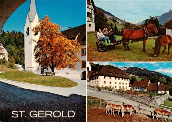 St Gerold Vorarlberg AT Pension und Klosterkeller Pferdewagen Koppel Kirche Herb