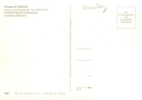 St Gerold Vorarlberg AT Pension und Klosterkeller Pferdewagen Koppel Kirche Herb – Bild 2