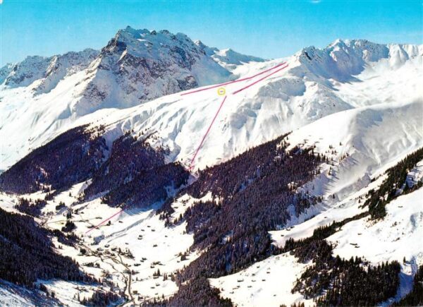 Gargellen Montafon Vorarlberg AT Fliegeraufnahme mit Skigebiet Schafberg