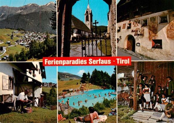 Serfaus Tirol Panorama Kirche Hotel Loewen Alm Schwimmbad Trachten