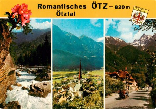oetz Tirol Wildwasser Fliegeraufnahme mit Kirche Dorfstrasse mit Pferdekutsche