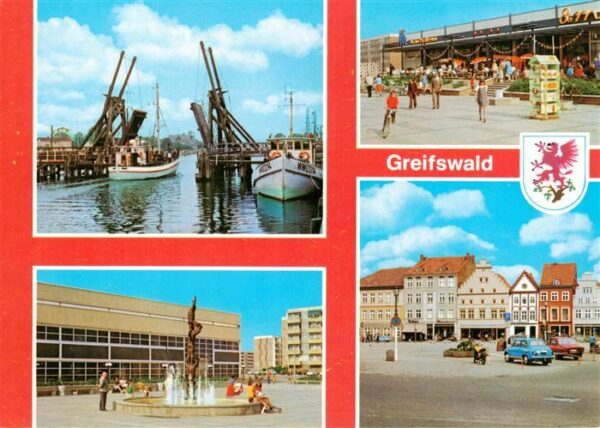 Greifswald Wiecker Bruecke Kaufhalle 8. Mai Plastik vor der neuen Sporthalle Pla