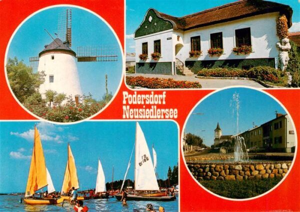 Podersdorf Neusiedler See AT Windmuehle Barockgiebelhaus Badestrand Ortsmotiv mi