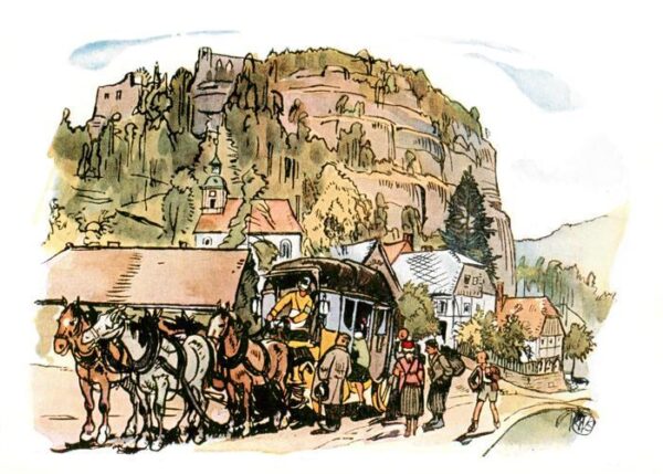 Zittau 700 Jahrfeier der Ummauerung der Grenzstadt Postkutsche Kuenstlerkarte