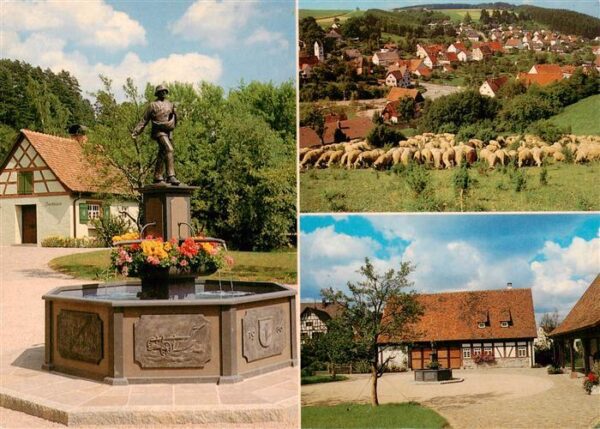 Muehlhausen Hegau Brunnen und Backhaus mit Goeppelhaus und Moste Schafherde