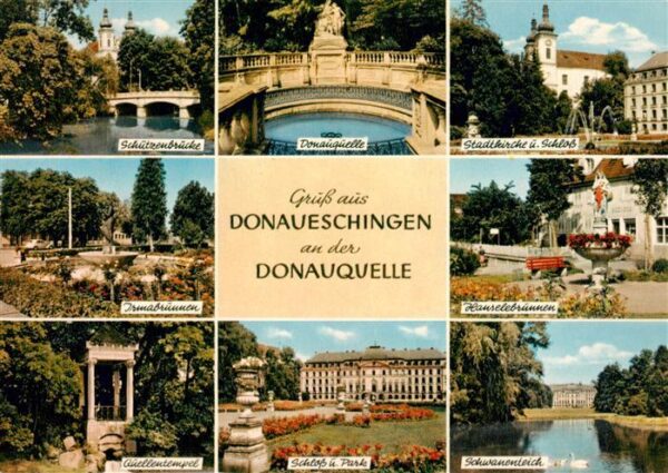 Donaueschingen Schuetzenbruecke Donauquelle Stadtkirche Irmabrunnen Hanselebrunn