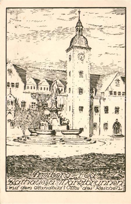 Freiberg Sachsen Rathaus u. Marktbrunnen Kunstdruck