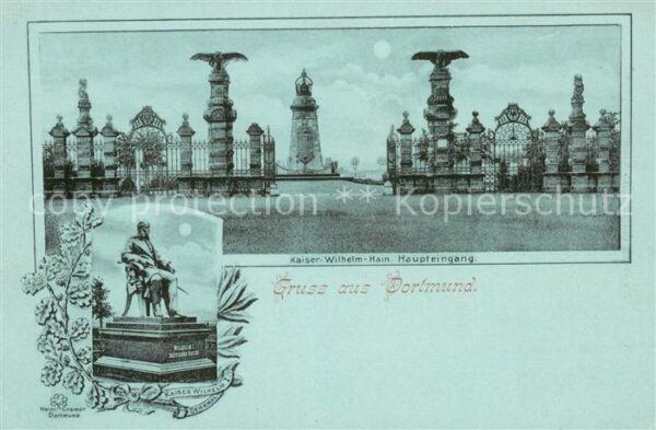 Dortmund Kaiser-Wilhelm-Hain Haupteingang m. Denkmal Mondschein-Litho