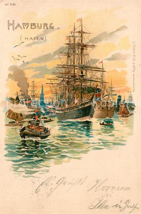 Hamburg Hafen mit Schiffen Litho-Glimmer-Karte