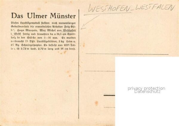 Westhofen Westfalen Schwerte Modell des Ulmer Muensters Laubsaegenmodel von Frit – Bild 2