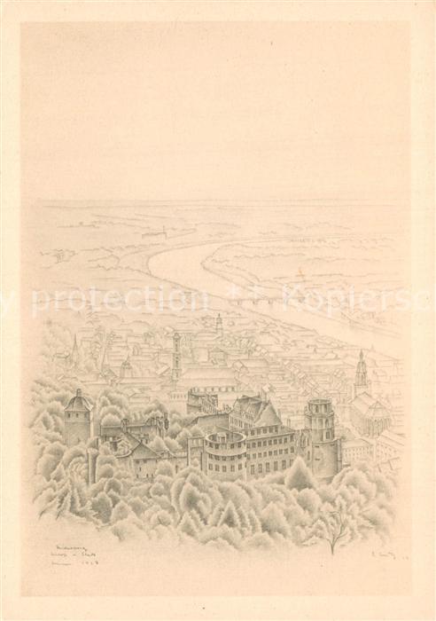 Heidelberg Neckar Koloristenkongress Stadt u. Schloss Zeichnung