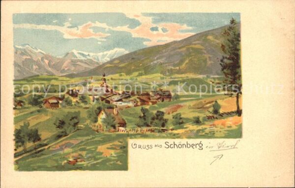 Schoenberg Stubaital Dorfansicht Kuenstlerkarte
