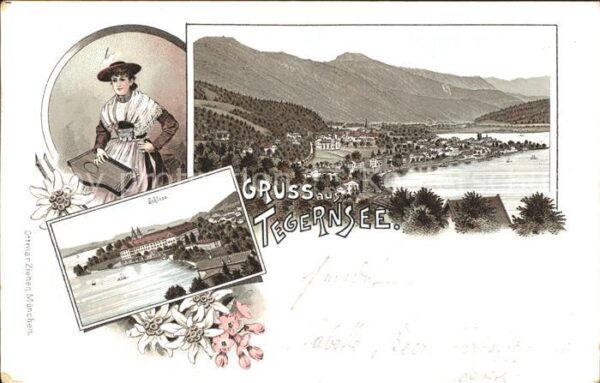 Tegernsee Schloss Tracht Zither Edelweiss Litho