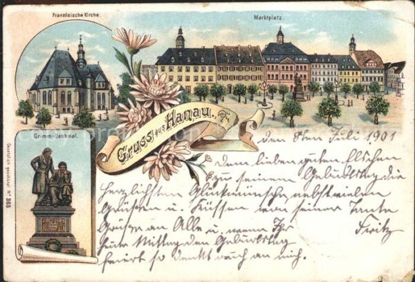 Hanau Main Grimm-Denkmal Marktplatz Franzoesische Kirche Litho