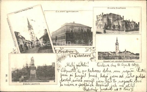 Caslav Divadlo Dusikovo Zapadni roh namesti Caslavskeho Zizkuv pomnik