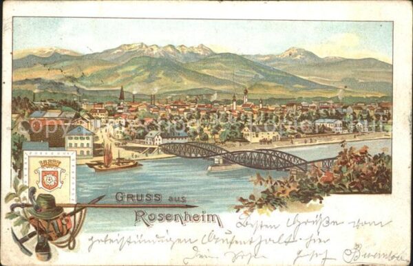 Rosenheim Bayern Stadtansicht Bruecke Wappen