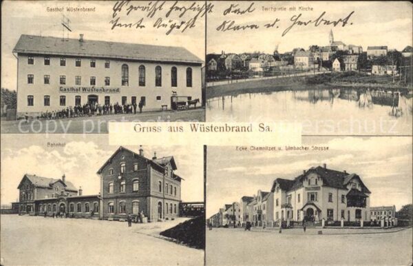 Wuestenbrand Gasthaus Bahnhof Teichpartie mit Kirche