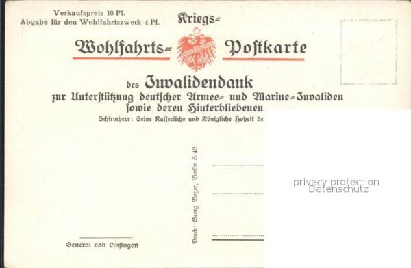 Militaria Generaele Stab Deutschland General v. Linsingen Wohlfarts-Postkarte WK – Bild 2