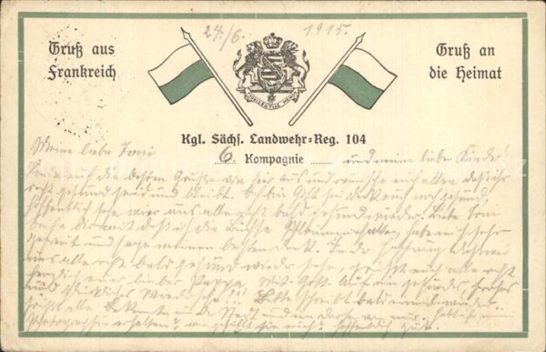 Militaria Landwehr Regimentskarte Gruss aus Frankreich Landwehr Regiment 104 WK1