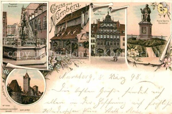 Nuernberg Tugendbrunnen Bratwurstgloecklein Peller Haus Hans Sachs Denkmal