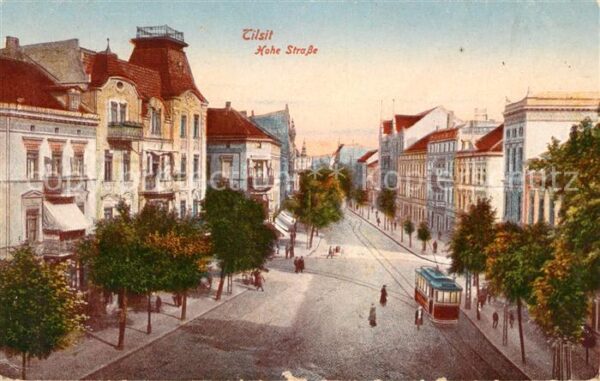 Tilsit Sowetsk Hohe Strasse Strassenbahn Kuenstlerkarte