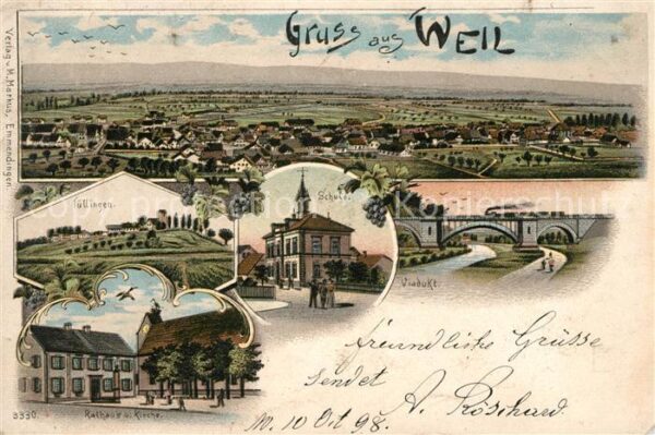 Weil am Rhein Schule Rathaus Viadukt Tuellingen Litho