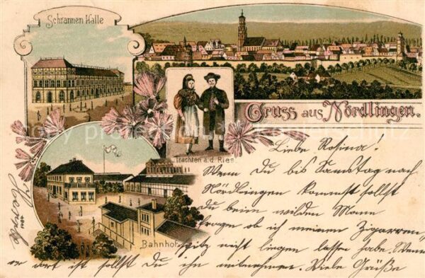 Noerdlingen Schrannen-Halle Bahnhof Trachten Litho