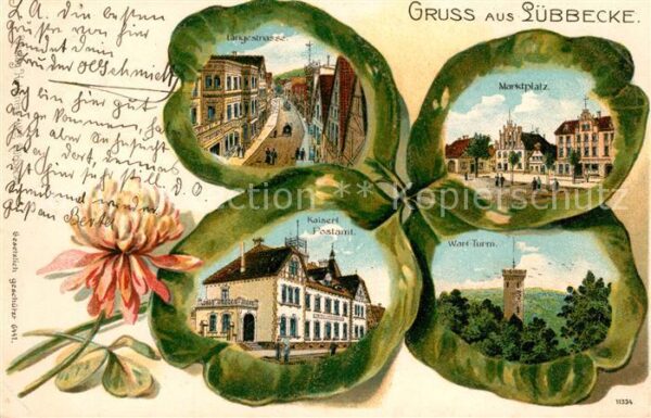 Kleeblatt-Litho Luebbecke Langestrasse Postamt Marktplatz Wartturm Litho