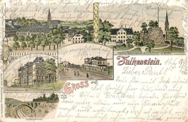 Falkenstein Vogtland Schule Bahnhof Schloss Kirche Lohbergbruecke Neumarkt Litho