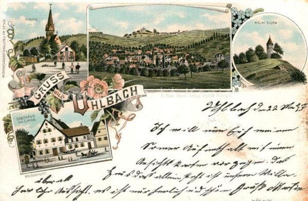 Uhlbach Stuttgart Gasthaus zur Linde Kirche Melac-Turm Litho