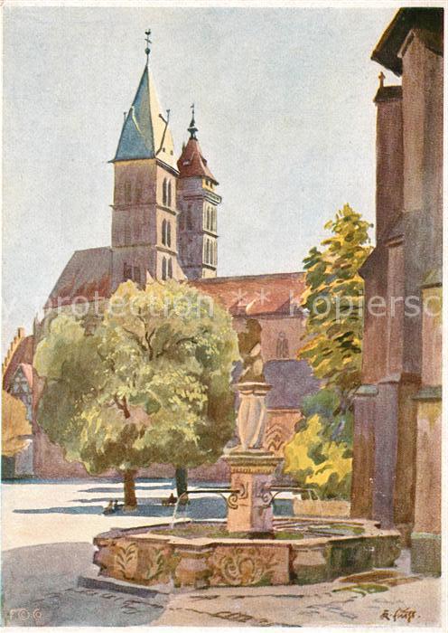 Esslingen Neckar Stadtkirche Loewenbrunnen Kuenstlerkarte Karl Fuchs