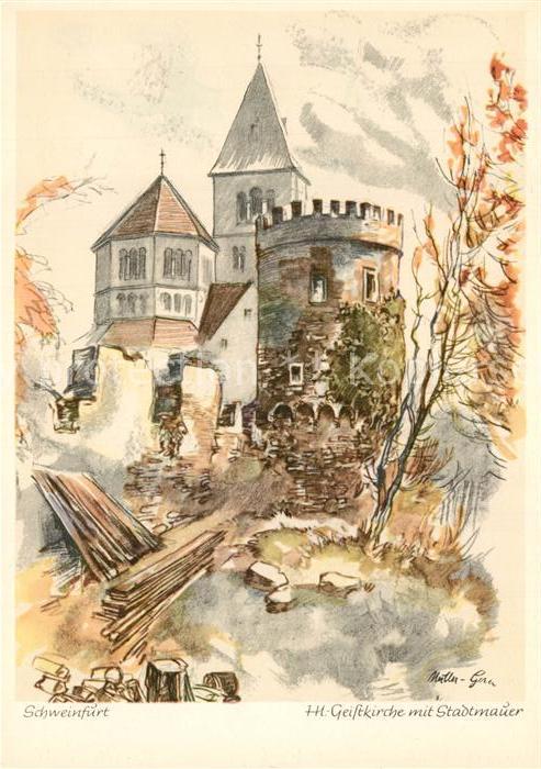 Schweinfurt Hl-Geistkirche Stadtmauer Kuenstlerkarte W. Mueller
