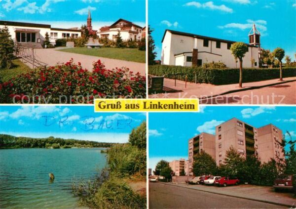 Linkenheim-Hochstetten Ortsmotive mit Kirche Wohnblock Hochhaus See
