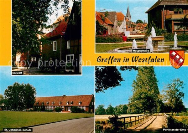 Greffen Hauptstrasse Brunnen Dorfmotiv Partie an der Ems Bruecke Schule
